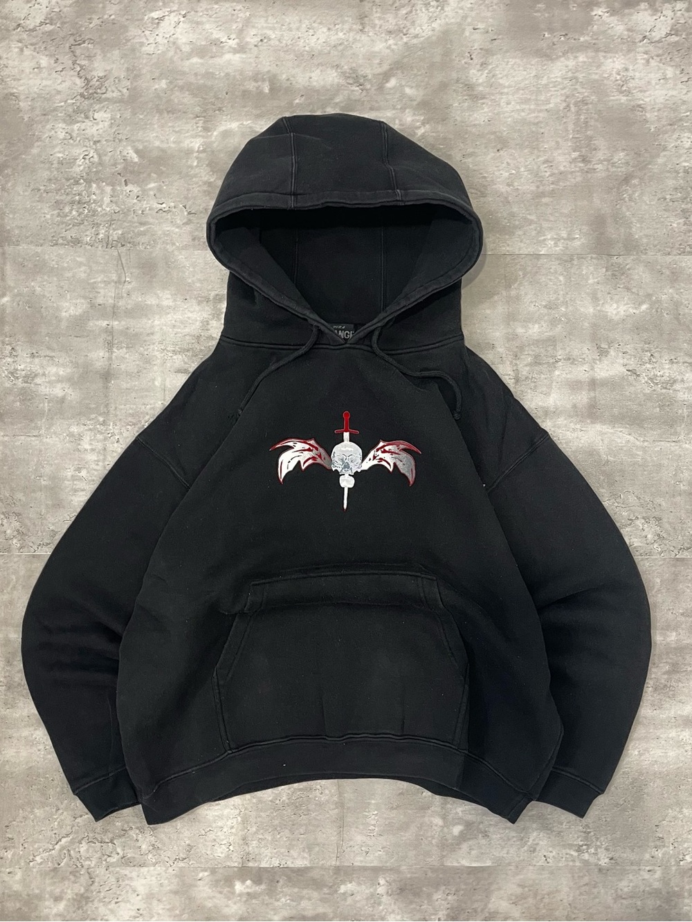 Y2K Winged Skull Hoodie Black Graphic Pullover Mens Medium Goth Emo